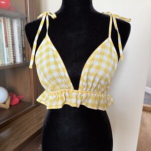 Shein Yellow Gingham Crop Top Women’s Small Tie Straps Ruffled Bra Top Checkered